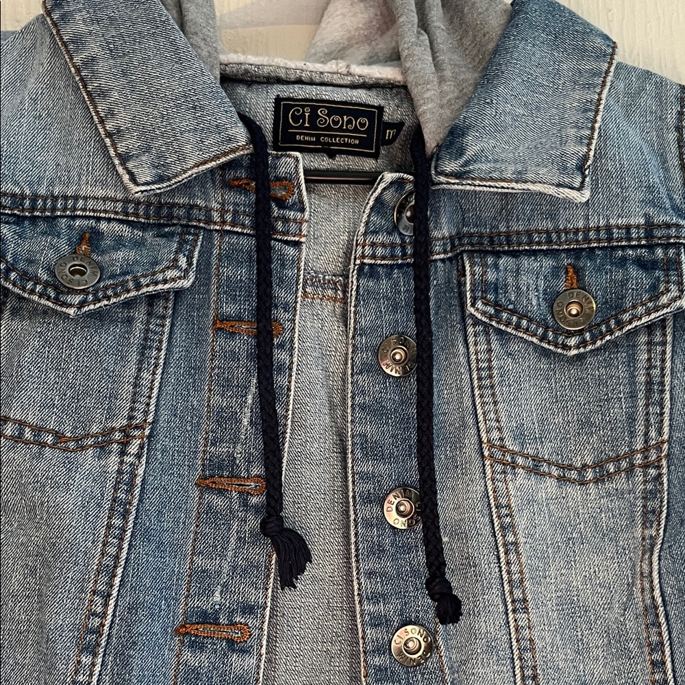 Blue Denim Vest with Gray Hoodie - Picture 2 of 3